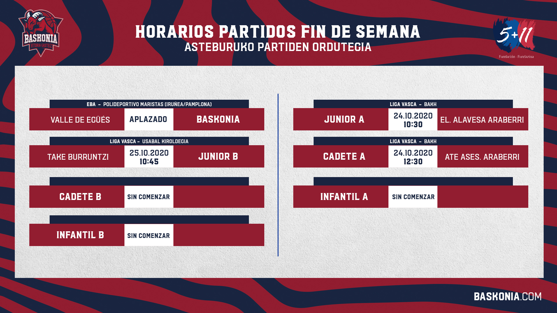 Horarios de los partidos de la cantera baskonista